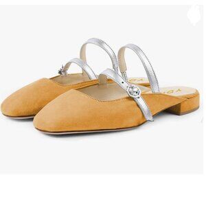 YDN Yellow Mules Suede Straps Buckle Square Toe Low Block Heels Sandals